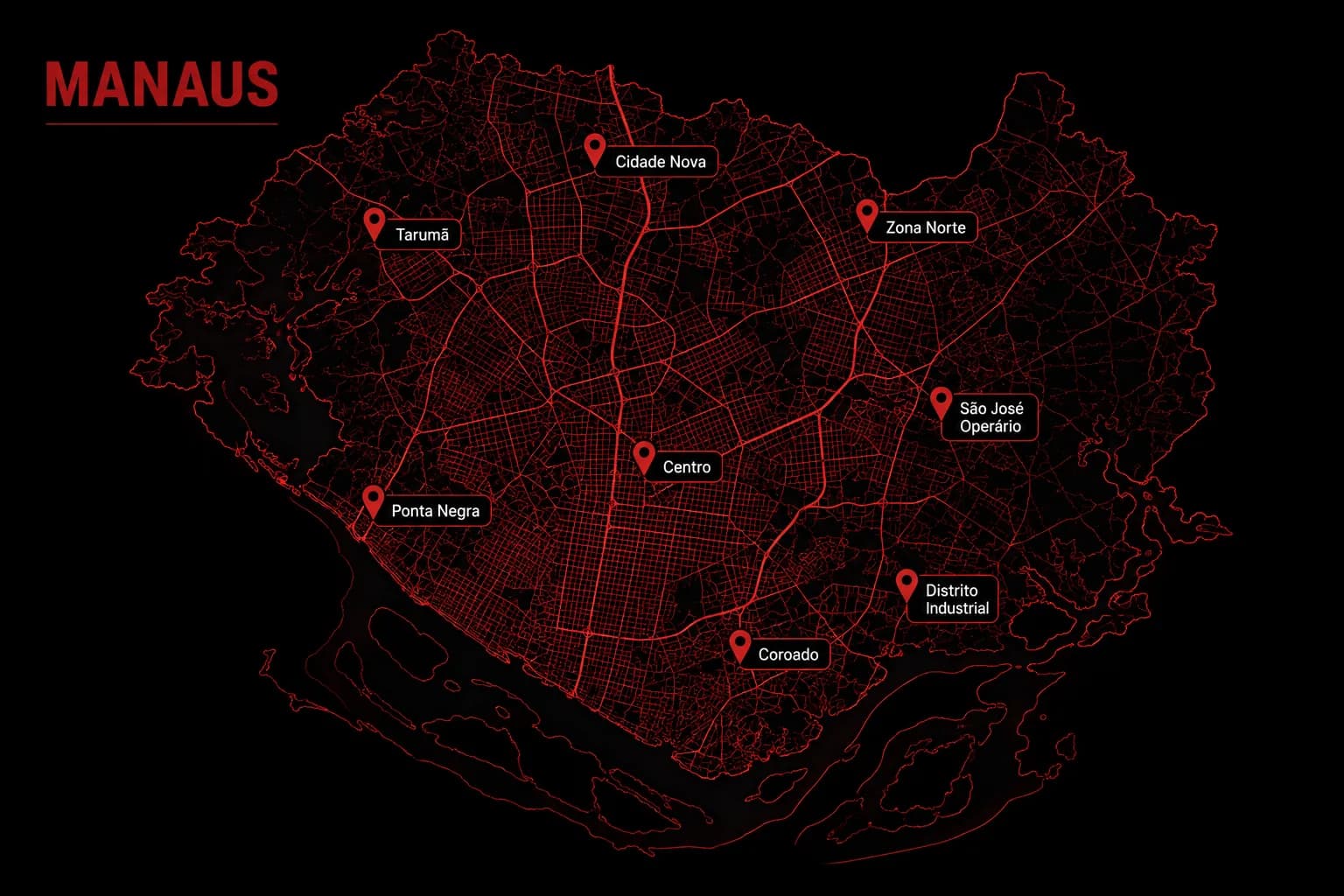 Mapa de Manaus com os bairros atendidos pelo Manaus em Dobro